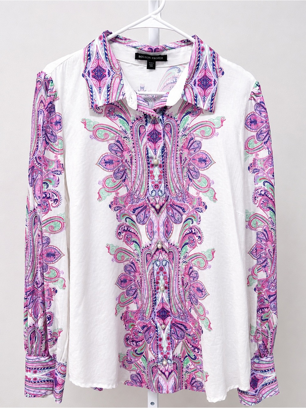 Boston Proper XL Paisley Linen Blend Pearl Button Blouse Stretch EUC Boho